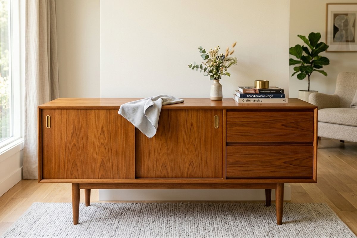 Solid teak Scandinavian sideboard with natural wood grain being gently polished