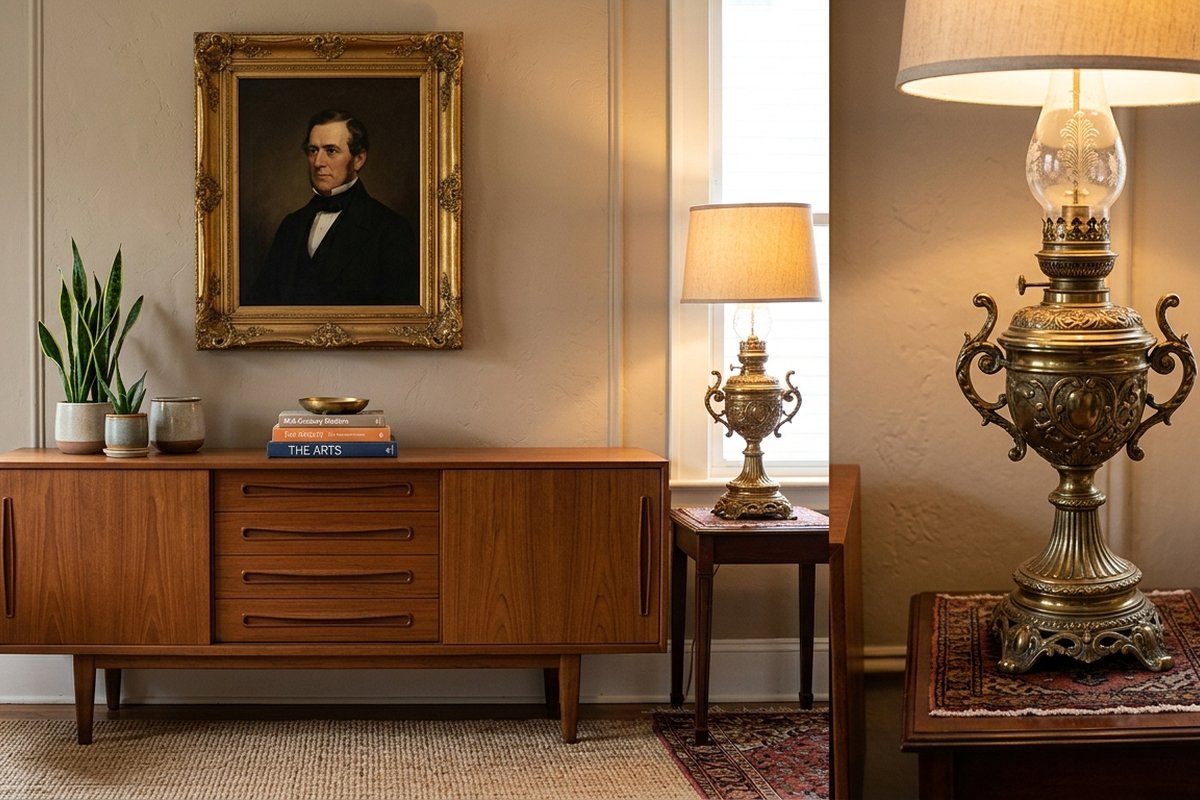 Solid teak mid-century modern sideboard paired with a traditional brass lamp and vintage portrait