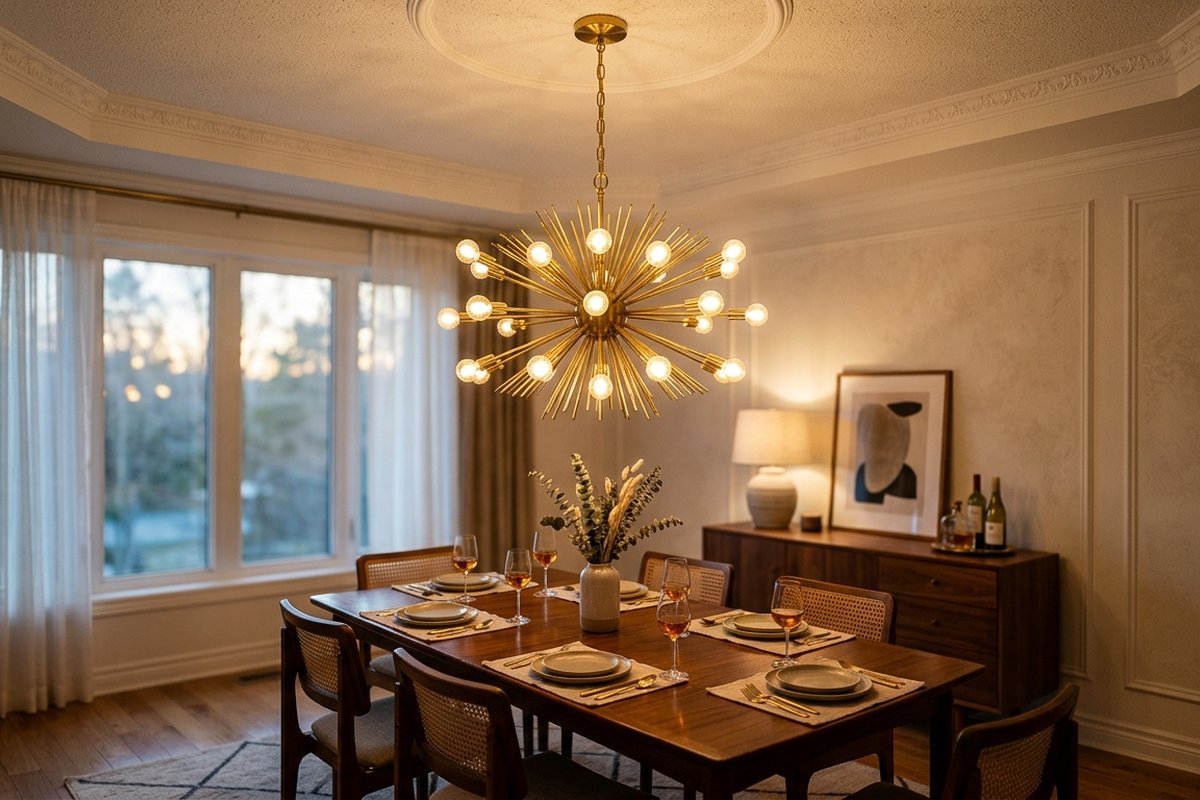 Retro geometric metal sputnik chandelier illuminating a dining room