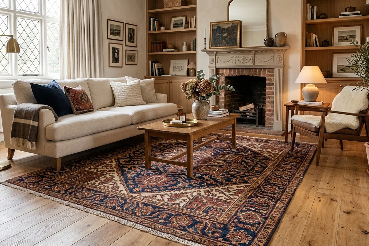 Hand-knotted navy blue Persian area rug anchoring a living room seating arrangement